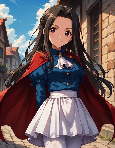 score_9,score_8_up,score_7_up,1girl,solo,standing,smile,looking at viewer,arms behind back,
<lora:suzumiyaseika_ponyXLV6:0.8>,cgsse,
black hair,long hair,purple eyes,
red cape,blue shirt,white ascot,puffy sleeves,white skirt,white leggings
