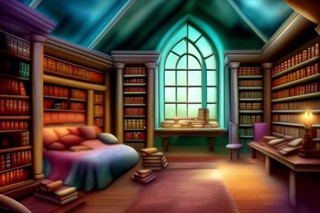 a fantasy bedroom that is also the owner's personal library with books everywhere
FanStu