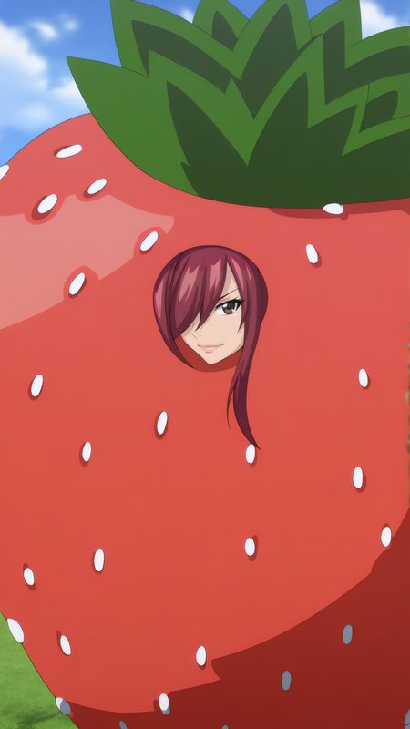 masterpiece, best quality, very aesthetic, absurdres, BREAK, 1girl, looking at viewer, cowboy shot, 
<lora:Strawberry_Erza_Illu_Dwnsty:1>, erz_strawberry, brown eyes, red hair, long hair, hair over one eye, alternate costume, mascot costume, strawberry, oversized fruit,
 lips, light smile, 
outdoors, blue sky, grass, landscape, sunlight, cloud,