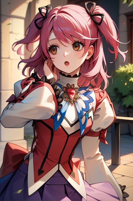 score_9, score_8_up, score_7_up, very aesthetic, source_anime, detailed, high quality, beautiful, masterpiece, detailed eyes,
<lora:lightXL:0.8>
village, blurry background,
upper body, close up, 
 touching own hair, open mouth, looking away,
<lora:cheria_autismConfetti_v03:0.95>
cheria barnes, pink hair, brown eyes, twintails, two side up, medium hair,
thighhighs, brooch, long sleeves, puffy sleeves, purple skirt, jewelry, black thighhighs, white footwear, (wide sleeves:0.7), pleated skirt, laces,, zPDXL
