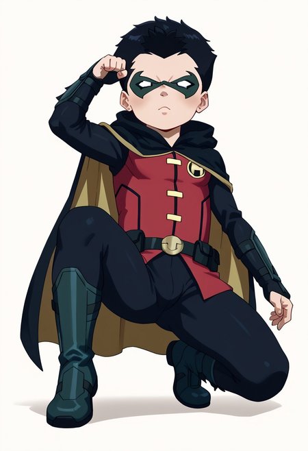 score_9, score_8_up, score_7_up, score_6_up, score_5_up, sorce_cartoon, source_hq,  young, cute, 1boy, solo, male Robin ,masterpiece, best quality, amazing quality, best aesthetic, ,absurdres,intricate details,1boy,robin_dc, black hair, mask, black bodysuit, greeen gloves, cape, black boots, red vest, belt, slim but fit, jumping kick, kicking, from below, jumping, foot focus, full body,w3st3rnc0m1c,westerncomic, western comic art style, petite, shortstack, small body, detail1eye,concept art, realistic, dark theme, low light,, zPDXL3, emotional eyes, emotional face, cute face, easynegative, ng_deepnegative_v1_75t,  detailed_eye_model, small eyes, square head, zPDXL3, easynegative, ng_deepnegative_v1_75t, CuteCartoonStyle, 3DMM, eyesHD, high gradient eyes, detailed eyes, high definition eyes, dynamic pose