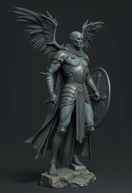 ff-comic, MikeFranchinastyle, d4artstyle, d4concept, , bbstyle,, horror theme, zbrush, ZBClay model of a gray sculpture
Set against a solid dark color background to emphasize its unsettling unnatural form that emphasizes its silhouette. The medium is not a traditional painting or illustrative medium like watercolor or ink but rather a digital 3D rendering.
A feathered knight with a cape, holding a templar shield, and a gladiator sword