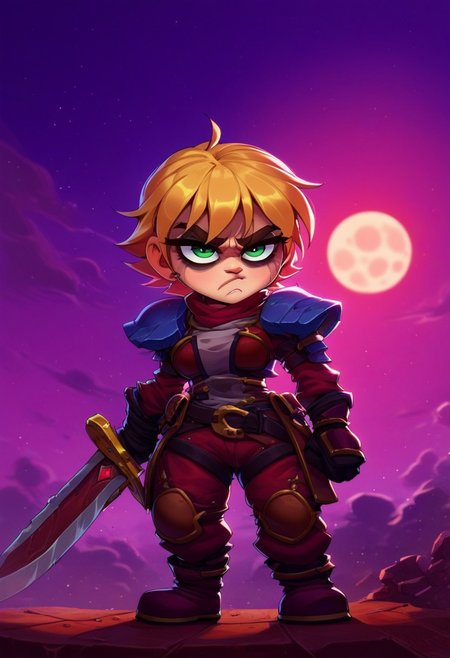 [score_9, score_8_up, score_7_up, <lora:Smooth Anime Style LoRA XL:1>, anime style, dark fantasy, 1girl gnome, short stature, big eyes, big ears, green eyes, long blonde hair, (shortstack:1.3), (medium breasts:1.1), round breasts, wearing armor,wearing hat, shoulder armor,skull emblem on shoulder,  (gloomy empty streets, dark forests, moon in the sky:1.6), Cold and angry, seductive gaze, fighting posture, (She holds a two-handed sword in her hands:1.9), bedroom eyes, solo, <lora:OtherStyle_03:1> <lora:Round_Breasts_XL_XV7:0.8>