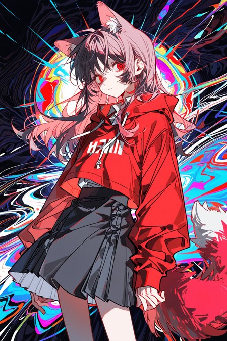 patzzi, (yoneyama mai:0.6), (soresaki, molu stranger:0.8),
1girl, solo, [pink|black] hair, [fox:cat:0.5] ears, hoodie, skirt, abstract background, (dark background:0.6)

<segment:yolo-Anzhc-Face-seg-1024-v2-y8n.pt,0.4,0.4//cid=11>