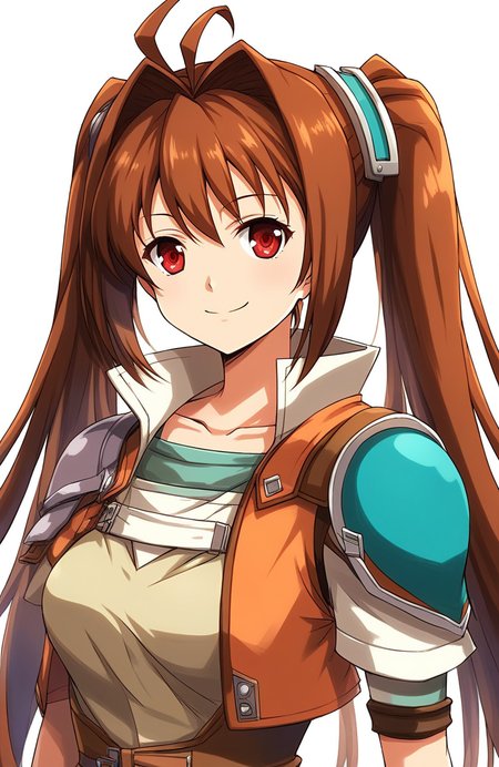 score_9, score_8_up, score_7_up, source_anime, rating_explicit, BREAK  <lora:Estelle_Bright_XL:1> Estelle_Bright, brown hair, very long hair, twintails, ahoge, red eyes, hair intakes, medium breasts,
1girl, solo, smile, shoulder armor, looking at viewer, jacket, pauldrons, upper body, armor,  single pauldron, shirt, collarbone, breasts, closed mouth, leather
day, sky,
smile,
looking at viewer, 
cowboy_Shot,