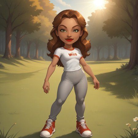score_9, score_8, BREAK, solo, wii, mii, wii sports, 1girl, female mii, dark yellow eyes, black eyeshadow, auburn hair, red lips, lipstick, big lips, white clothing, gray pants, shoes, cute, nintendo mii, modern_mii, classic_mii, breasts, naomi_(\wii_sports\), sexy pose, smile, outdoors, sunlight, shadows, evening lighting, natural lighting, forest, trees, grass, orange sky, sunset