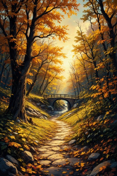Spooky Art Drawing. This is a beautifully illustrated scene depicting an autumn landscape. The path, covered in golden leaves, meanders through the trees towards a wooden bridge that crosses a small stream or river. The colors are vibrant, with shades of yellow and orange dominating the foliage, creating a warm, inviting atmosphere. Sunlight filters through the branches, casting a soft glow over the entire setting. This artwork captures the essence of fall, emphasizing its serene and picturesque qualities. aidmafluxpro1.1