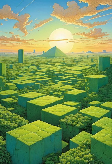 a view of a landscape where everything is cubical, cubical sun, cubical cloud, cubical landscape, cubical greenery, Moebius art style,