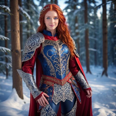 Odessa, masterpiece, highly realistic, 1girl, solo, red hair, long hair, smile, circlet, pants, cape, armor,  closeup,  full body, outdoors, (masterpiece:1.1), (best quality:1.1), 1girl, Real light and shadow, raytracing, 4k, 8k, wallpaper, epic, detail texture, red hair, (blue eyes:1.5), ((((red hair:1.35, medium hair)))), intricate eyes, beautiful detailed eyes, symmetrical eyes, big eyes:1.5, (((lustrous skin:1.5, bright skin:1.5, skin tanned, shiny skin, very shiny skin, shiny body, plastic glitter skin, exaggerated shiny skin, illuminated skin))), (detailed body,(detailed face)), cute, erotic, daring, (((medieval armor, adventurer man armor,winter coat))), (((intricate outfit, intricate clothes, embroidered outfit, ornate outfit, embroidered clothes, ornate armor))), (dynamic pose:1.0), happy, smile, (centered, scale to fit dimensions, Rule of thirds), ((snowy pine forest at night)), with dark stormy clouds, winter, scenery:1.25, ((snow forest background)), Christmas tree, highres, sharp focus, (ultra detailed, extremely detailed), (photorealistic),(extremely detailed CG unity 8k wallpaper), (((vibrant colors, vibrant theme))), (intricate), (masterpiece),(best quality), lean on table, lace dress, Princess Eilonwy,
