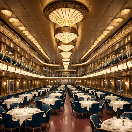 ArsMJStyle, Art Deco, <lora:add-detail-xl:1.2>,   <lora:Art_Deco:1>, The luxurious interior of the SS Normandie ocean liner, showcasing its famous first-class dining salon with towering gilded pillars, Lalique glass light fixtures, and wealthy passengers in evening wear enjoying a sumptuous meal.