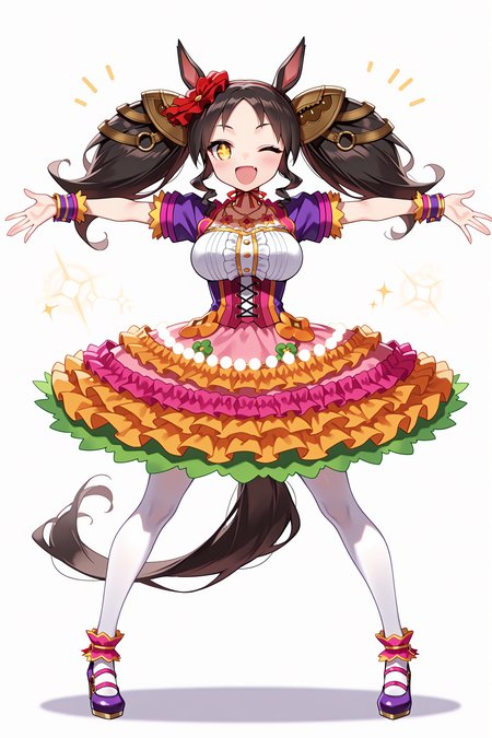 1girl, solo, marvelous sunday \(umamusume\), horse girl, horse tail, 
hair flower, hair ornament, red hairband, necklace, jewelry, puffy short sleeves, white shirt, center frills, underbust, wrist cuffs, multicolored dress, pink dress, layered skirt, frilled dress, frills, white pantyhose, purple footwear, high heels, 
smile, open mouth, ;d, 
standing, legs apart, outstretched arms, 
white background, 
full body, straight-on, looking at viewer, <lora:marveloussundayillv1:0.9>,, masterpiece, best quality, amazing quality, very aesthetic, absurdres, highres, newest,<lora:xl_saturation_slider:0.1> <lora:add-detail-xl:1> <lora:illustriousXLv01_stabilizer_v1.121:0.4> <lora:reduce_wrinkles_illstriouosv0.1_ADDifT_2_in_1_v1.2:0.9>