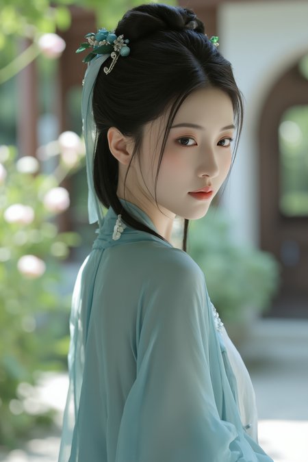 <lora:ãéº¦æ©éè¡£ãMajicflus:0.8>, qingyi, A close-up portrait of a young Chinese woman with delicate features wearing a cyan-colored translucent hanfu. Her hair is styled in a traditional updo adorned with jade hairpins and flowing silk ribbons. She is gracefully looking over her shoulder while standing in a classical Chinese courtyard garden with blooming peonies and a moon gate in the background. The fabric's transparency creates subtle light effects around her shoulders.âââ