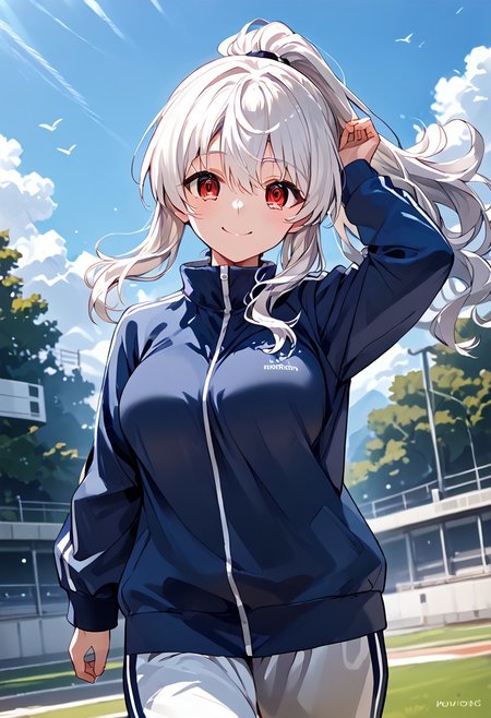 score_9, score_8_up, score_7_up, source_anime, rating safe, outdoor, back shot, 1girl, 18yo, tracksuits, running, one arm up, white hair, long hair, wavy hair, ponytail, red eyes, upturned eyes,  expressive eyes, curvy, shy smile, large breasts, perfect hand, detailed, day, 8k, masterpiece, by koumashiro,