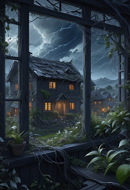 Best quality, masterpiece,
View at nightstorm from window village house, village outside and plants under strikes of strong wind, wrath of nature
Intricate, entangled, intricately detailed
