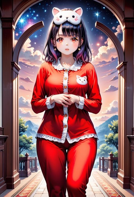 score_9, score_8_up, score_7_up, 1girl, solo, HimenoMP, scenery, (big breasts:0.8). (wide thighs:1.1), (wide hips:1.1), (mature woman:1.1), (detailed eyes, Eyes in high definition, eyes with a lot of detail), (best quality:1.4), a close up of a woman with colorful hair, anime girl with cosmic hair, rossdraws pastel vibrant, artwork in the style of guweiz, fantasy art style, colorful, vibrant fantasy style, rossdraws cartoon vibrant, cosmic and colorful, guweiz, colorfull digital fantasy art, stunning art style, beautiful anime style, red thighhighs, pajamas, mask on head, calpajamas
