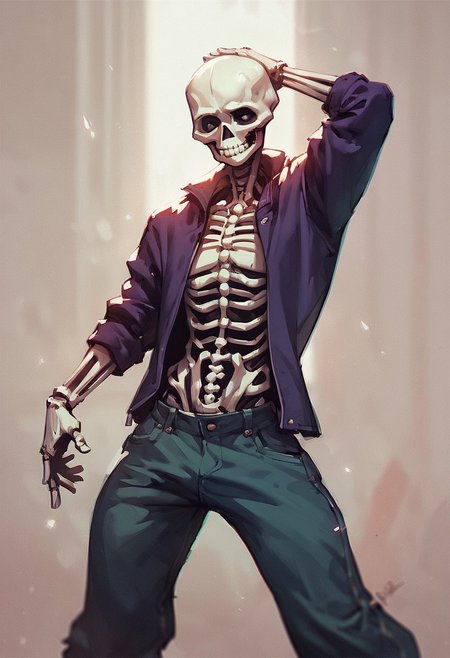 (score_9, score_8_up, score_7_up), score_6_up, front view, score_5_up, dancing skeleton, trouser, purple 