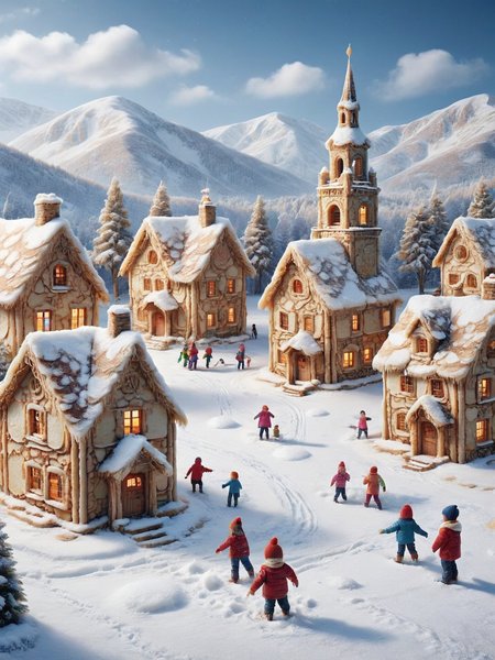 A charming ais-pncks village covered in snow with children building a snowman <lora:ais-pncks-sdxl:1>