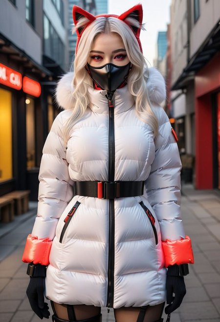 ((((padded down coat)))), ((((padded puffer coat)))), ((((padded winter clothes)))), ((((very cold)))), ((((puffer hood up)))), ((((full body)))), beautiful, masterpiece, 1girl, mature female, (((white long hair))), (((red eyes))), cat ears, large breasts, gloves, chest harness, (((half face mask))), army, Red digital camouflage, steam, cyberpunk, city, neon lights, pressure squeezing cuffs, pressure squeezing collar, (Thick padded cuffs:1.4), (Thick padded collar:1.4), <lora:Collar-SDXL:0.75>, <lora:Cuffs-SDXL:0.75>, <lora:fashion_lora:0.6>