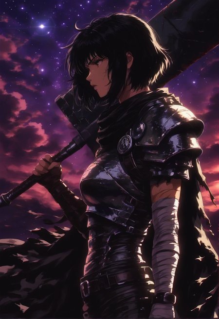 1girl, solo, from side, black hair, short hair with long locks, armor, sword over shoulder, (massive sword), pauldrons, bandages, torn cape, looking away, cowboy shot, weapon, weapon over shoulder, scar, belt, shoulder belt, belt across shoulder, holding, arm up, black sky, stars, cloud, (twilight:0.3)