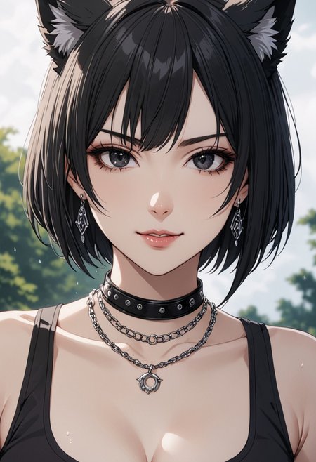 gorgeous lips, cinematic, (masterpiece), (best quality), (ultra-detailed), very aesthetic, perfect composition, intricate details, absurdres, detailed face, (anime, masterpiece, intricate:1.3), (best quality, hires textures, high detail:1.2), (4k),(incredibly detailed:1.4) 
 graceful face, slim, big breasts, constricted waist, nice body, lips, arrogant look, villain, 1woman, evilish smile, high pointed nose, (nostrils:1.3), neatly, 22-year-old woman, gray shirt soaked, pale skin, black eyes, bob hair, black hair, evil look,
fang, forelock, black tank top, cleavage, black pants, belt, belly, navel, facing viewer, upper body, outdoors , necklace, earrings, collar, werewolf,  ear fur