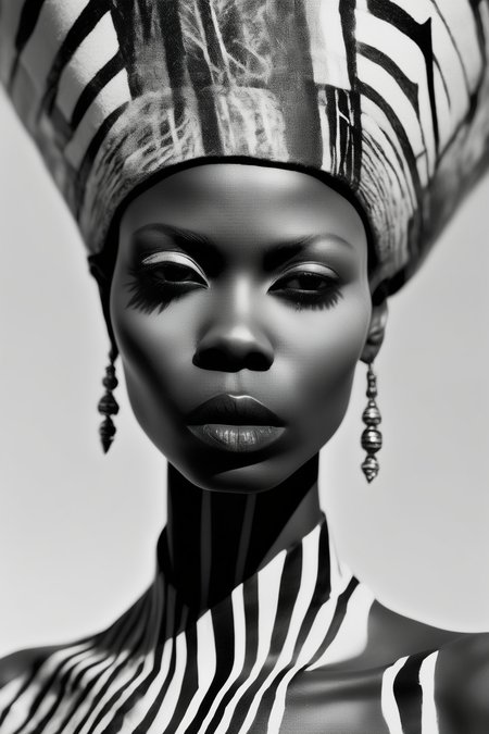<lora:Zanele Muholi Style:1>Zanele Muholi Style - Photographed by Zanele Muholi using a Contax 645, a stunning female supermodel dons an avant-garde design by Comme des Garons, set against the striking backdrop inspired by the intricate line work of Indian artist Atul Dodiya's paintings. Her face, shot from an engaging low angle, reveals the dramatic, chiaroscuro lighting techniques that emphasize the bold contrasts in Dodiya's artwork. The scene marries her crystal-clear and lifelike facial features with the vibrant, energetic compositions of Dodiya's unique creations, evoking a sense of depth and complexity.