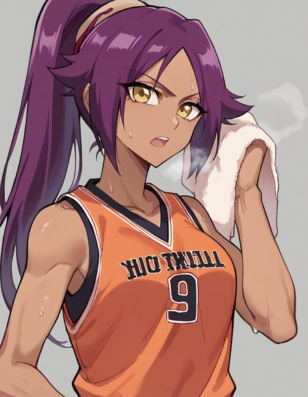 score_9, score_8_up, score_7_up, source_anime, <lora:yoruichi-shihouin-ponyxl-lora-nochekaiser:1> yoruichi shihouin, long hair, yellow eyes, ponytail, purple hair, dark skin, dark-skinned female, medium breasts, <lora:basketball-uniform-ponyxl-lora-nochekaiser:1> basketball uniform, basketball jersery, sportswear, jersey, shorts, sleeveless,, audience, gym, sweat, open mouth, steam, <lora:wiping-towel-ponyxl-lora-nochekaiser:1> wiping sweat, towel, holding, sweat, holding towel, looking at viewer, open mouth,, cowboy shot,