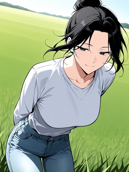 <lora:Omniscient_Readers_Viewpoint__Jung_Heewon:1>
1 girl, solo, black hair, long hair, black eyes, tied hair, hair bun,
white shirt, light blue jeans,
score_9, score_8_up, score_7_up, very aesthetic, source_anime, detailed, high quality, beautiful, masterpiece, detailed eyes, field, blurry background, pose dynamic angle, upper body, cowboy shot, light smile, floating hair, half-closed eyes, hands behind back, leaning forward, looking forward, looking at viewer