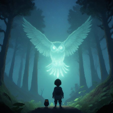 bosstyle, Pixel_Art, sss, translucent, subsurface scattering, silhouette of a little boy facing down a giant ethereal owl with medusa hair, snake hair owl, medusa owl, glowing, in a dark forest at night, milky way galaxy background, little boy, max details, cinematic colors