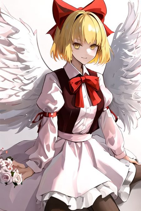 solo_focus, 1girl, ((white background, simple background)):2, (((masterpiece))), ((best quality)), ((ultra-detailed)), high resolution, absurdres, highres, ultra-detailed 8k unity wallpaper, 
solo, 1girl, gengetsu, 
arcueid_\(tsukihime\), 
solo, 1girl, smile, short_hair, shirt, breasts, blonde_hair, bow, long_sleeves, skirt, ribbon, dress, yellow_eyes, hair_bow, thighs, collared_shirt, red_bow, wings, vest, bowtie, black_pantyhose, red_vest, pink_shirt, red_bowtie, feathered_wings, pink_dress, open_vest, white_shirt_white_skirt, white_shoes, blonde_short_hair, red_head_bow_ribbon, one_piece_head_bow_ribbon, bow_ribbon, white_angel_wings, white_drees, brown_vest, wear_outside, twin_wings,