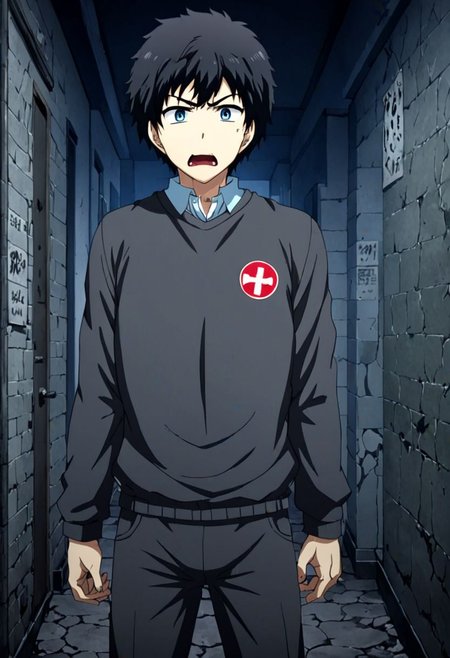 high resolution, solo, best quality, 1Boy, Arata Kaizaki, Black Hair, Blue Eyes, guts's test, haunted place, OverallDetail
