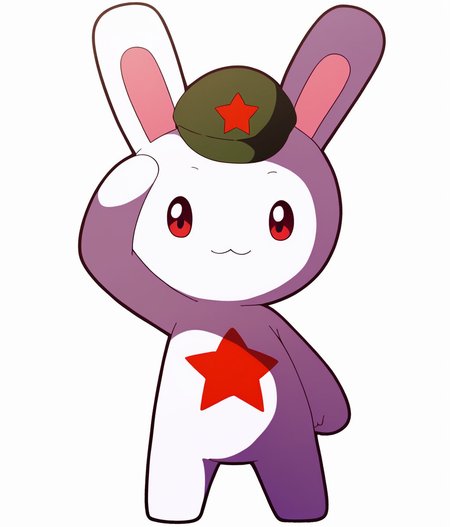 Score_9,score_8_up,score_7_up,score_6_up,score_5_up,score_4_up,source_anime,1girl,bunny,furry,solo,red eyes,:3,white skin,green hat,star hat ornament,red five-pointed star,chest tattoo,no humans,cuteg,cartoonized,looking at viewer,self-assurance,full body,salute,(white background:1.1),simple_background,<lora:Role_White_Rabbit:0.9>,