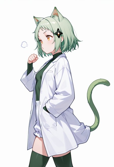 masterpiece,high quality details, absurdres, 
walking pose, one hand in pocket, head slightly turned, casual stride,,
 <lora:Mao_Kusagakure:0.8>
mao_cnr, 1girl, green hair, short hair,orange eyes, cat ears,cat tail,hair ornament,, o3o,, simple background, white background, from side,solo,, lab coat  ,compression shirt  ,bloomers,  ,bridal legwear,