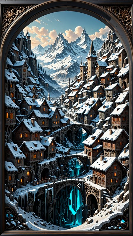 close-up macro view of a breathtaking winter landscape of a medieval village hidden in the Swiss Alps, ice sculpture style, (masterpiece:1.4),(best quality:1.4),(intricate details:1.4),high line detail,bold lines, iridescent colors,filigree,vibrant details,(expansive view:1.4),(clear outlines:1.4),(ultra detailed:1.4),64K resolution blade runner, (high contrast:1.4),award winning,stunning,beautiful composition,decorative,highly detailed,elaborate,ornate,intricate,dramatic,exuberant,grandeur,realistic,perspective,light and shadow,elegant,artstation, sharp focus,illustration,(clear outlines:1.4),clean sharp focus,high quality texture, <lora:3D_Framed_Wall_Art_-_By_DICE:1>, (Framed 3D, Snow), UHD