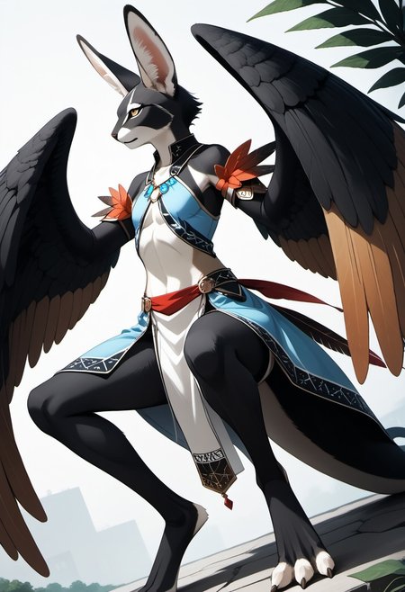 1person, Palagiri, anthro, feline features, feline nose, large ears, ((winged arms)), large wings, handfeet, digitigrade legs, long tail, tapering tail, feather-tipped tail,
Dutch angle, 
Source: anime, score: 9, score: 8up,