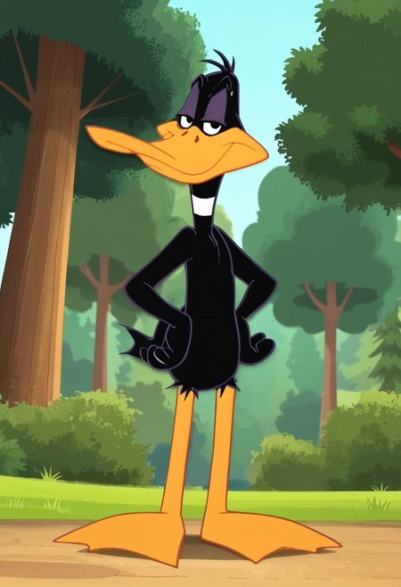 Score_7, Score_6, Daffy duck, furry male, black feathers, beak, duck, orange legs, black eyes, screencap, three-quarter view, smug, smile, low-angle view, hands on hips, outdoors, tree, grass, nature, standing, (looking at viewer:1.1),  screencap, smile, perfect circle eyes, half-closed eyes, sweat droplets, wide hips, LTS style, bedroom eyes,