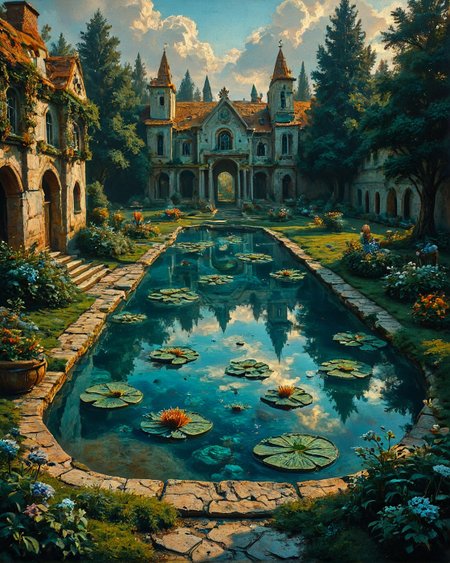 Surreal Landscape, Creator Landscape,
(style ofVasily Polenov (open-air realism)), Peat bog with stunted birch growth, water striders on pond, renaissance-style garden folly, 
<lora:ClassipeintXL2.1:0.943> oil painting,
<lora:extremely_detailed:0.748> extremely detailed,
<lora:add-detail-xl:0.744>, 
<lora:dreamshaperXL10_lora:0.713>, 
 <lora:Flux-XL_Scenery: 0.915> flux-scenery,
detailxl,
advntr,