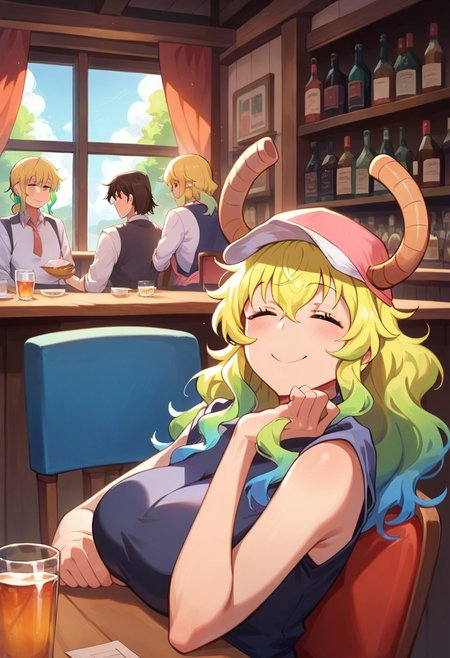 score_9, score_8_up, score_7_up, masterpiece, best quality, expressive, background, bar, bartender, smile, Lucoa_(Maidragon), masterpiece, best quality, 1girl, sitting down, chair, thick.