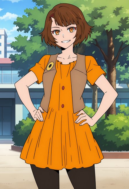 anime screencap, masterpiece, best quality,
<lora:TowerOfGod_Endorsi_IlluXL:0.9>,
1girl, solo, closed mouth, grin, teeth, light smile,
short hair, blunt bangs, brown hair, orange eyes, hairclip, single horn,
open vest, light brown vest, orange dress, button badge, buttons, short sleeves, black pantyhose,
aged up, hands on own hips, looking at viewer, cowboy shot,
outdoors, building, tree, blue sky, blurry background