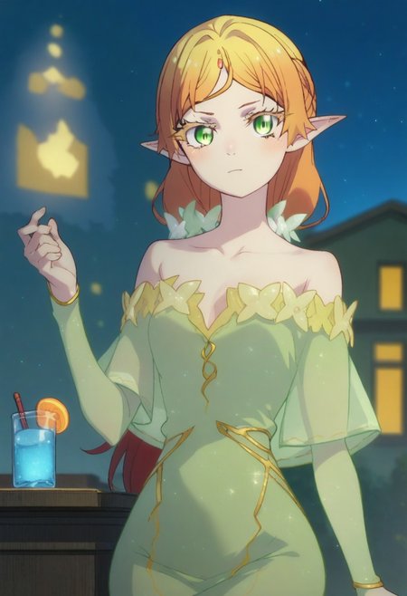 score_9, score_8_up, score_7_up, professional anime,HD,1girl,solo, (elf from isekai ojisan), perfect body,short female,petite body,wide hips,cute girl,elf, ccc,dress,