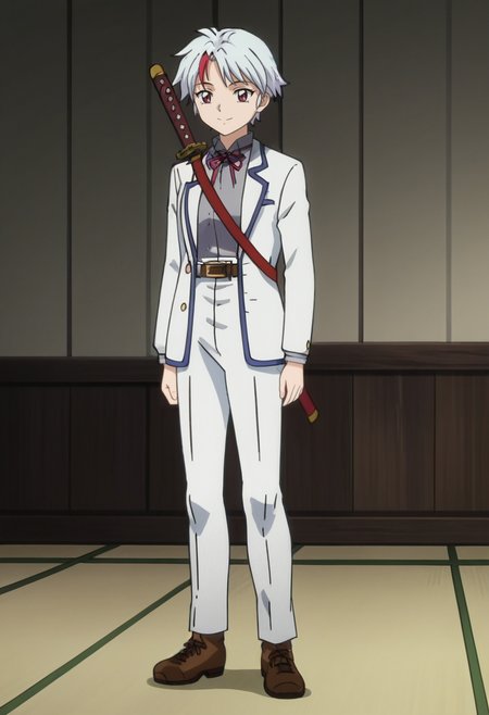 source_anime,anime screencap, anime coloring,intricate details,rating_safe, masterpiece, best quality,
(best quality, absurd res, ultra detailed),,(4 finger:0.5),1girl, ((solo)), good eyes,perfect eyes,,detailed eyes, zPDXLxxx , zPDXL3, OverallDetail,detailed, detailed face
BREAK
solo,indoors,standing,front view, full body, sword,
towa, 1girl, red eyes, short hair, white jacket, grey shirt, long sleeves, white pants, belt, multi-colored hair, streaked hair, white hair, 
smile
, <lora:add-detail-xl:5>  <lora:Towa_Inuyasha_-_Yashahime:0.8>