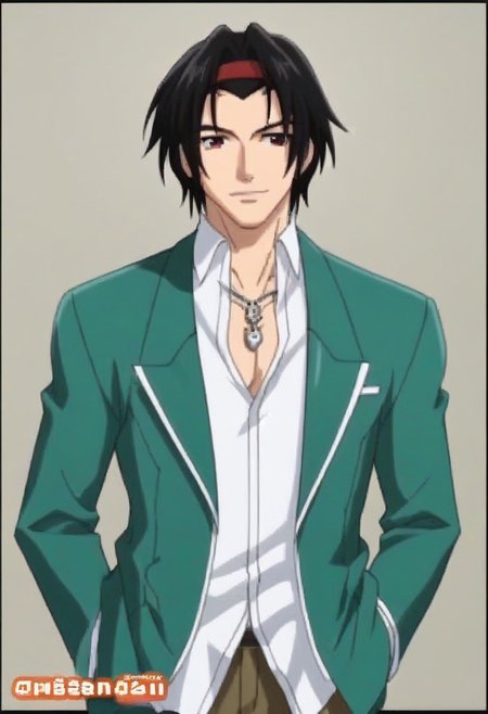 ((masterpiece)), ((best quality)), ((ultra-detailed)), score_9_up, score_8_up, score_7_up, HD, top quality, best quality, High-quality illustrations, anime screencap, perfect anatomy, ((1male, 1boy, solo male, solo male focus)), anime, anime boy, male anime character, lean body, slim body, fit body, athletic body, handsome, attractive, sexy, Ginei Morioka, black hair, red eyes, red headband, silver necklace, green blazer, open blazer, light brown pants