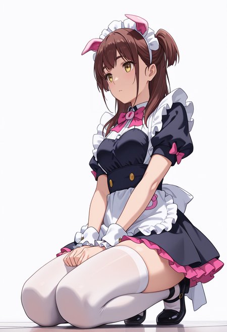Smooth Quality,masterpiece,very intricate, high quality details, ultra realistic, high detailed skin,detailed enviorement,absurdres,
 <lora:Wahira_Nagomi_CNR:0.8> wahira_cnr, 1girl,brown hair, long hair, two side up, yellow eyes,pig ears, fake animal ears,maid, maid headdress, maid apron, puffy short sleeves,white thighhighs, black footwear, wrist cuffs, frills, pink bowtie,, simple background, white background, from below,solo,
kneeling on floor, thighs together, hands resting on lap, spine straight  ,, + -,