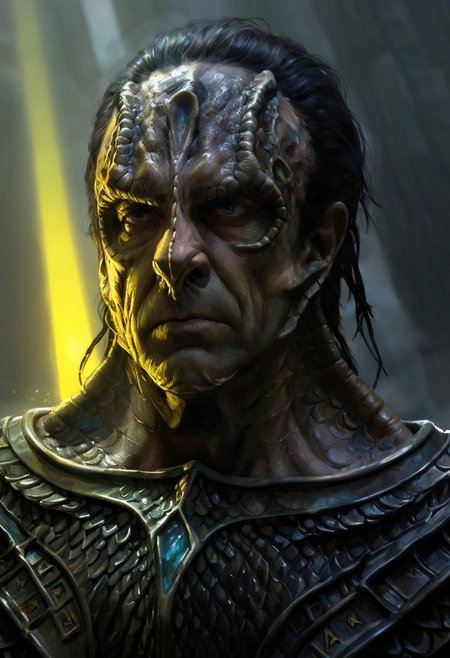 (a male c4rd45514n alien, forehead crest, grey skin, ridges, scales), militaristic, dynamic, moody, shadows, highly detailed, heavy armor, digital painting, artstation, concept art, smooth, sharp focus, illustration, art by Carne Griffiths and Wadim Kashin, good shadows, dim lit, devoid of color, low light, back light, hidden, obscured, black  hair, prismatic, monolith, obsidian, bright yellow god rays, sun circle