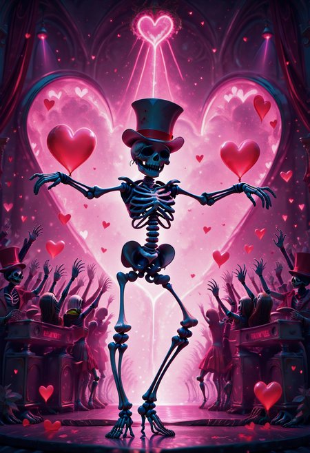 <lora:KFT_Romance_Style_Illustrious:2> kftlove, absurdres, highly-detailed, best quality, masterpiece, very aesthetic, 1boy, solo, skeleton, standing, dancing, fancy, rich, top hat, nightclub, heart