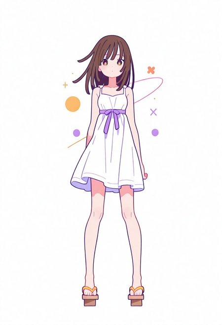 Flatline, Flat vector illustration, looking at viewer, full_body, 
nadeko, long hair, long bangs, brown hair, white dress, sundress, ribbon, bare shoulders,
slim, slender, knees, long legs, beautiful legs, barefoot, geta wooden sandals, 
from front, front view, straight-on, look at viewer, standing, (legs apart:1.4), 
white background,