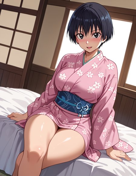 score_9, score_8_up, score_7_up, source_anime, anime screencap, anime coloring, masterpiece, best quality, uncensored, 1girl, solo, (cowboy shot:1.2), satomi manabe, short hair, large breasts, black eyes, black hair, japanese clothes, breasts, kimono, yukata, obi, sash, tabi, floral print, <lora:Manabe Satomi_Hajirai Body_Pony:0.9>, dutch angle, sitting, crossed legs, looking at viewer, (seductive smile, sultry, serious stare, stern look), open mouth, nose blush, indoors, bedroom, bed, cute face, shiny body, shiny skin,  (skindentation:1.2), clear skin, shiny hair, ultra detailed eyes, depth of field, sharp, (intricate details, hyperdetailed:1.15)