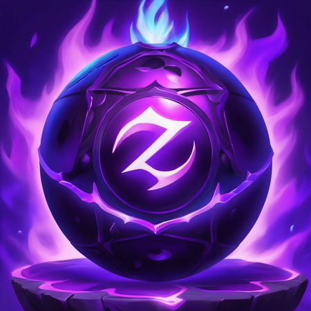 (((masterpiece))),(((bestÂ quality))),((ultra-detailed))ï¼SkillIcon, a black bomb with some white glowing runes on its surface, surrounded by purple flames, and a blue background,<lora:SkillIcondreamshapelocon-000044:0.6>