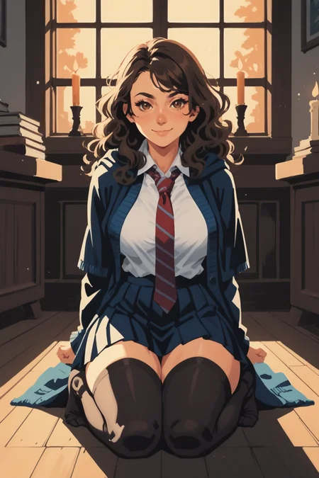 1girl, hogwarts school uniform, thighhighs, solo, necktie, school uniform, skirt, brown eyes, brown hair, long hair, looking at viewer, breasts sitting, black thighhighs, striped necktie, black skirt, shirt, smile, blurry background, wavy hair, pleated skirt, white shirt, blurry, cardigan, nose, indoors, red necktie, zettai ryouiki, large breasts, window, candle, collared shirt, black robe, curly hair, miniskirt, thighs,  , cloak, robe, artist name, clothes lift, medium breasts, closed mouth, long sleeves, light particles, kneeling, no shoes,, zPDXL3,  PnyCmicXLPOS, detailxl,  (lineless, vector art:1.5)
