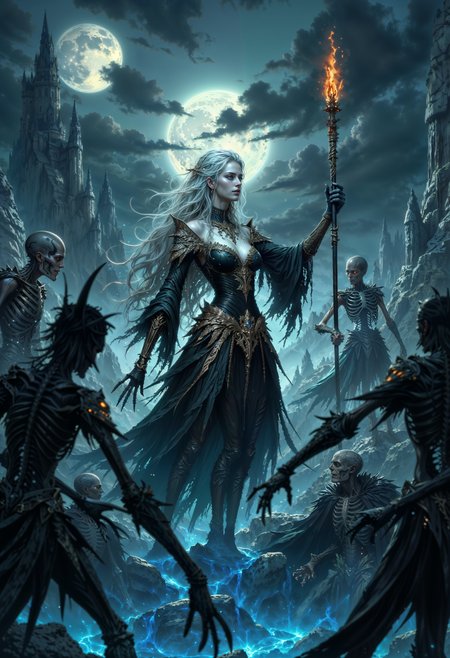 a dark, mystical scene. The central figure is a woman with pale skin and long, flowing hair, wearing an elaborate, gothic-style black dress with intricate details. She holds a staff with a glowing, fiery tip in one hand, and her expression is intense and commanding. Surrounding her are several skeletal figures, positioned in various poses, adding to the eerie atmosphere. The background is a desolate landscape with jagged, ruined structures under a full moon, casting a blue, ethereal light over the scene. The overall color palette is dominated by shades of blue and black, enhancing the mysterious and supernatural theme of the artwork.
<lora:FluxMythP0rtr4itStyle:0.6>  <lora:Midjourney_Dreamlike_Fantasy_FLUX_LoRA:0.6> <lora:Elden_Ring_-_Yoshitaka_Amano:0.33>
