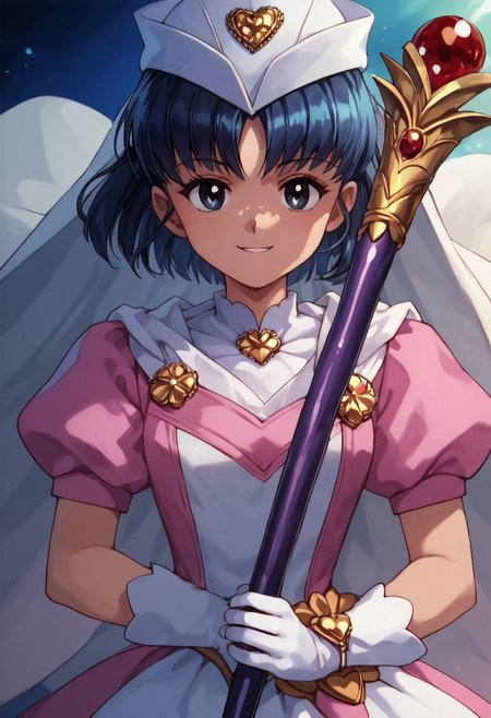 ultra-detailed), ((extremely detailed)), (high resolution), 4K, (8K), best quality, (beautiful), (dynamic lighting), (super detailed skin), sharp focus, (1_girl, solo focus), score_9,score_8_up,score_7_up,anime coloring BREAK source_anime,anime, , score_9, score_8_up, score_7_up, source_anime, rating_safe, intricate details, 1girl, <lora:Isara_Gunther:1>, isara, Dark blue hair, black eyes, short hair, score_9, score_8_up, score_7_up, score_6_up, score_5_up, score_4_up, detailed, intricate details, source_anime, , (best quality) , (highly detailed) ,((masterpiece)), ((best quality) ,magical girl, heart, hat, puffy short sleeves, white gloves, dress, white headwear, short sleeves, puffy sleeves, staff, def,, laying, looking at viewer, smile, indoor, 
detailed eyes、detailed face and detailed skin <lora:add-detail-xl:1.0>